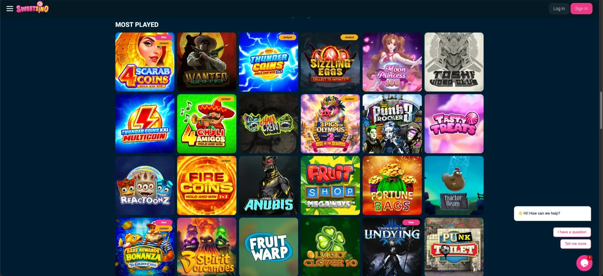 Most-played games in the Sweetsino lobby